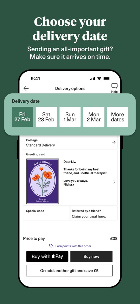 Bloom & Wild - Flowers & Gifts - Users benefit from precise control over their deliveries, utilizing flexible delivery date selection and a clear greeting card preview before finalizing orders.