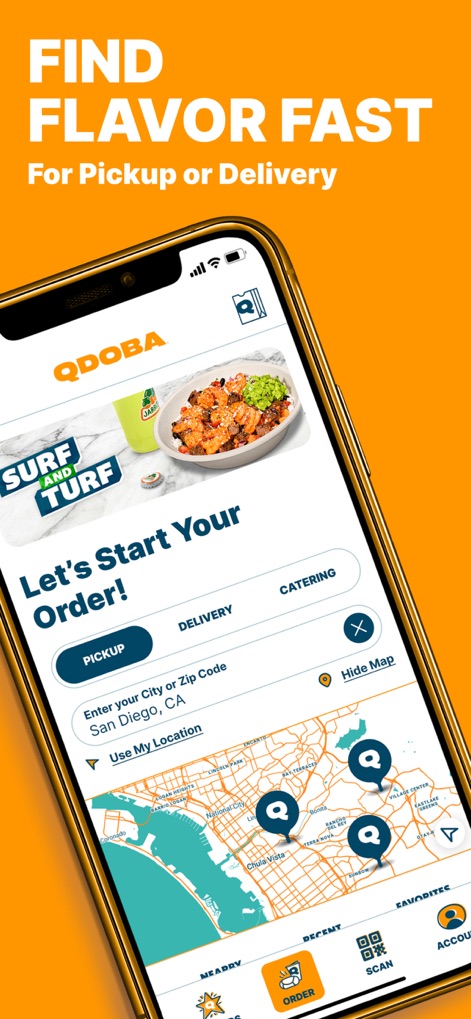 QDOBA Mexican Eats - The app streamlines the ordering process by presenting clear pickup and delivery toggles and an interactive map to locate nearby restaurants.