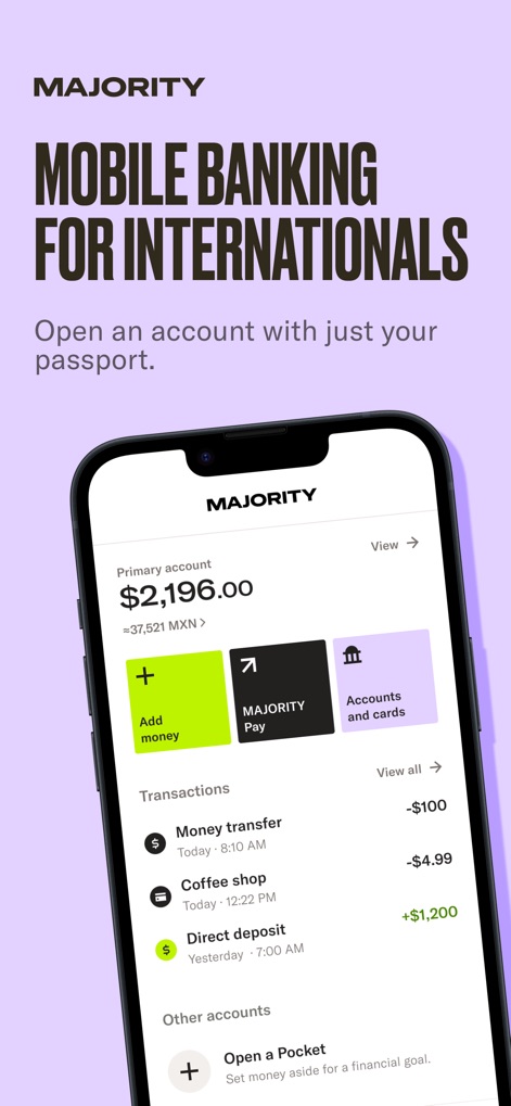 MAJORITY: Mobile banking - Die App präsentiert eine übersichtliche Kontenübersicht mit dem aktuellen Guthaben und detaillierten Transaktionslisten für schnelle Finanzkontrolle.