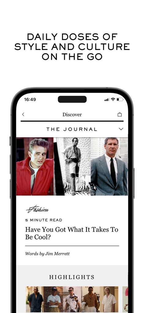 MR PORTER: Shop men’s fashion - The "Discover" section provides access to MR PORTER's esteemed "THE JOURNAL," featuring engaging articles with striking celebrity imagery and curated "HIGHLIGHTS" for style inspiration.