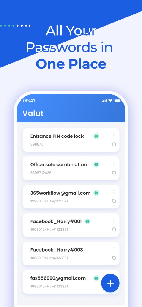 Authenticator App ⁸ - この「Valut」画面では、ユーザーは「Entrance PIN code lock」や「Facebook_Harry#001」といった保存されたパスワードを一覧で確認し、それぞれのパスワードの表示/非表示を切り替えるアイコンを利用できます。