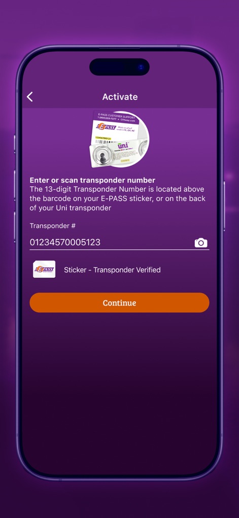 E-PASS Toll App - This screen facilitates transponder activation, prompting users to enter or scan the transponder number and providing a clear visual guide.