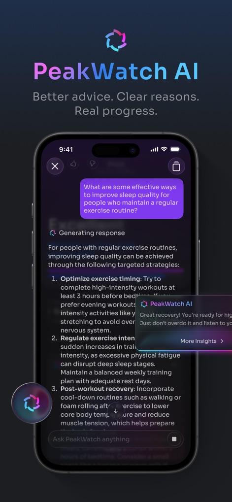 PeakWatch - AI Fitness Coach - ユーザーは、運動後の最適な回復戦略や睡眠の質を高める方法についてAIからパーソナライズされた具体的なアドバイスを得ることができます。