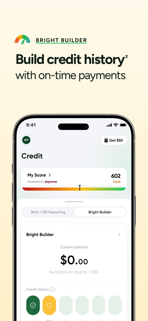 Bright: Loans & Credit Builder - "Bright Builder" permite a los usuarios mejorar su historial crediticio, destacando una puntuación de "602 (FAIR)" y un progreso visual a través de "círculos de historial".