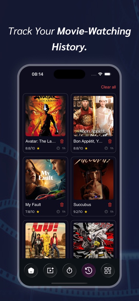 RAVE : Movies and TV shows - 視聴済み作品の履歴表示機能により、ユーザーはこれまでに観た映画や番組を簡単に振り返ることができ、各作品の削除アイコンを使えば、リストを整理し管理することが可能です。