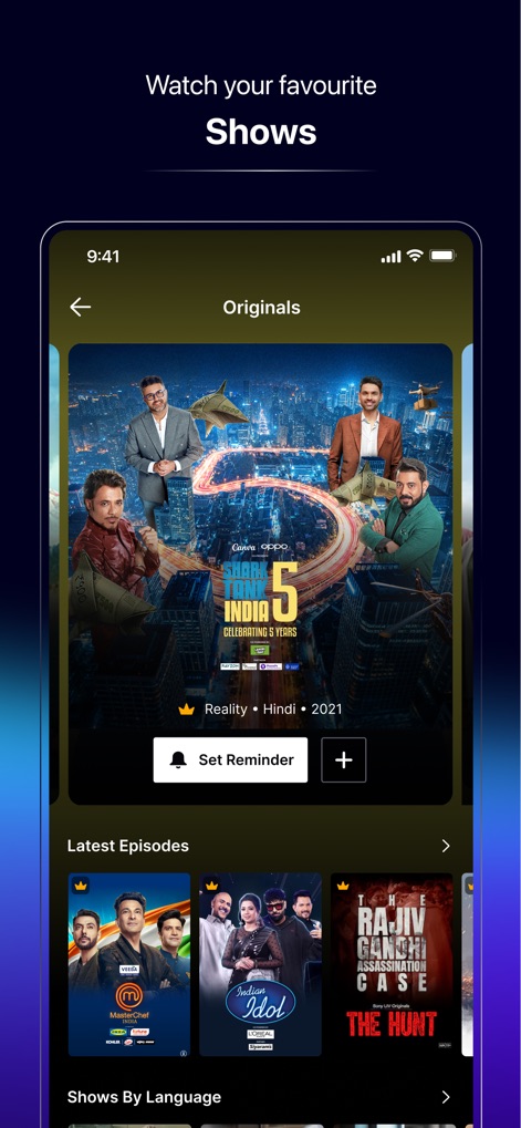 Sony LIV - Cette section met en lumière des productions originales comme "Shark Tank India 5" avec son option de 'Set Reminder', et présente une curation des 'Latest Episodes' pour ne rien manquer des nouveautés.