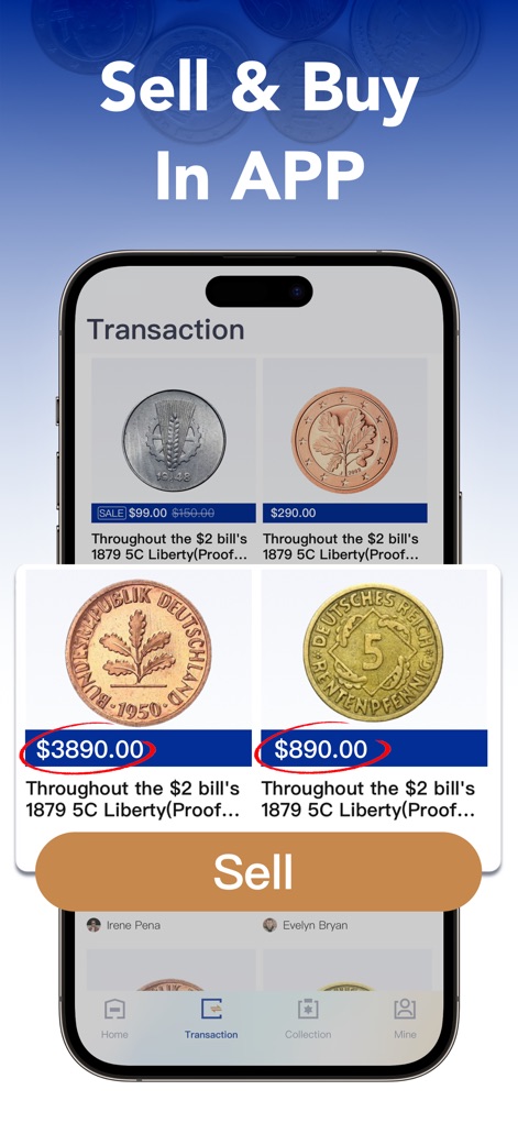 HeritCoin :AI Identify Coins - Dieses Feature ermöglicht den Nutzern den direkten Handel innerhalb der App, wobei sie Verkaufspreise wie '$3890.00' für seltene Sammlerstücke direkt einsehen und Transaktionen starten können.