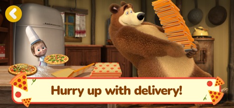 Masha and The Bear: Pizzeria! - Los usuarios presencian la ajetreada preparación de pedidos, con el Oso transportando una imponente pila de cajas de pizza y Masha exhibiendo una de sus deliciosas creaciones culinarias.