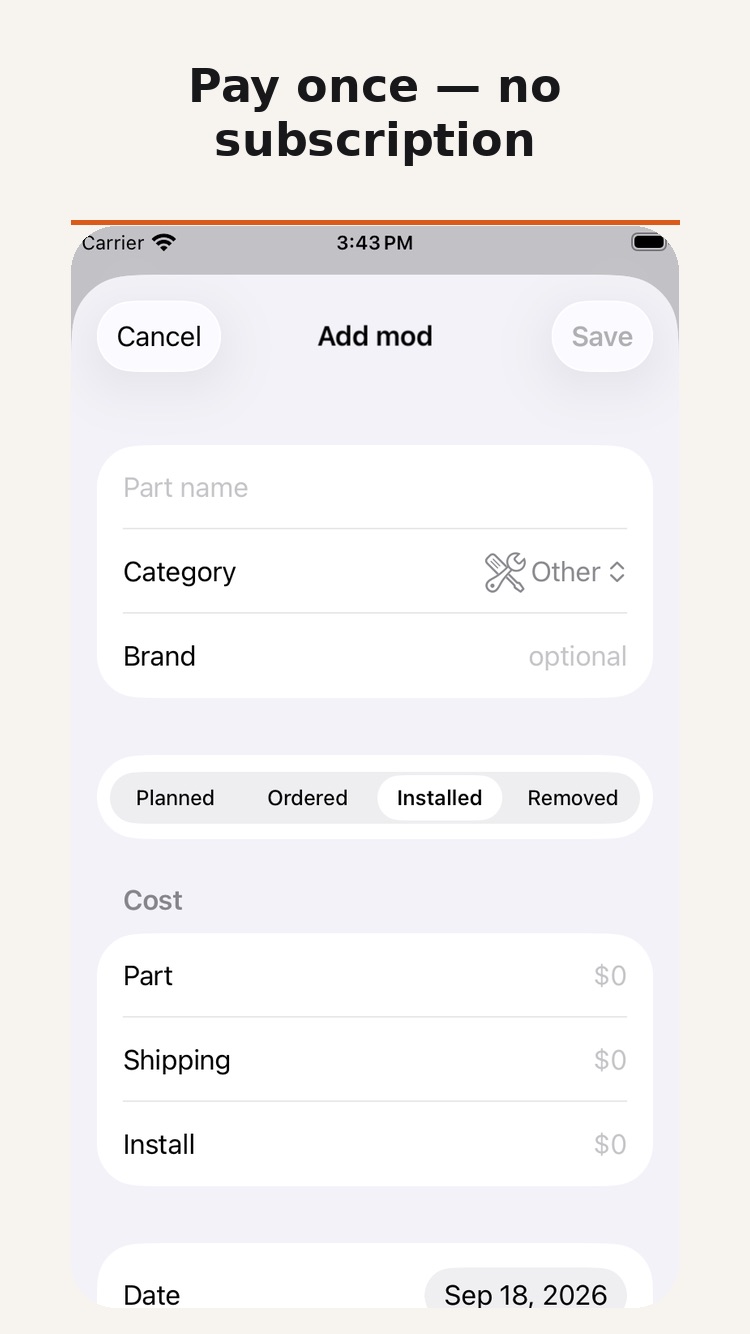 Screenshot 1 of Mod Ledger – Car Build Log