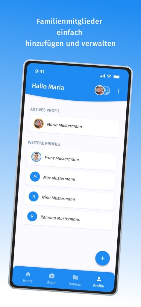 arzt-direkt - Die App erlaubt die Verwaltung des „Aktiven Profils“ und bietet die Möglichkeit, „Weitere Profile“ für Familienmitglieder hinzuzufügen und zu organisieren.