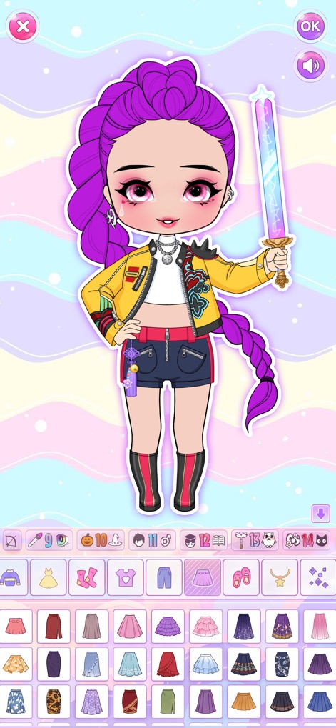 Chibi Maker: Dress Up Games - Diese Ansicht zeigt eine detaillierte Chibi-Figur mit auffälligem, geflochtenem Haar in Lila und einem leuchtenden Schwert, das ihren Look vervollständigt.