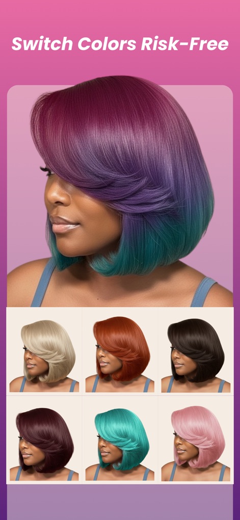 StyleShare: Hair Color Changer - Questa schermata dimostra come gli utenti possano sperimentare "colorazioni audaci e multi-tono" come l'ombré viola-verde acqua e confrontarle con una selezione di "tinte unite più tradizionali", tutte applicate allo stesso stile.