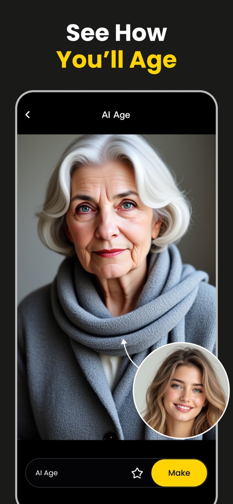 AI Movie Generator - KakaPic - AIが顔の年齢変化を予測する機能で、若い顔から年老いた顔への変貌を視覚的に確認できます。