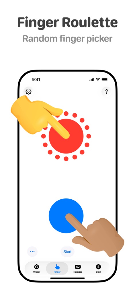 Tiny Decisions - Esta funcionalidade permite aos usuários escolher aleatoriamente um participante com um toque, apresentando gráficos lúdicos de mãos e pontos de interação.