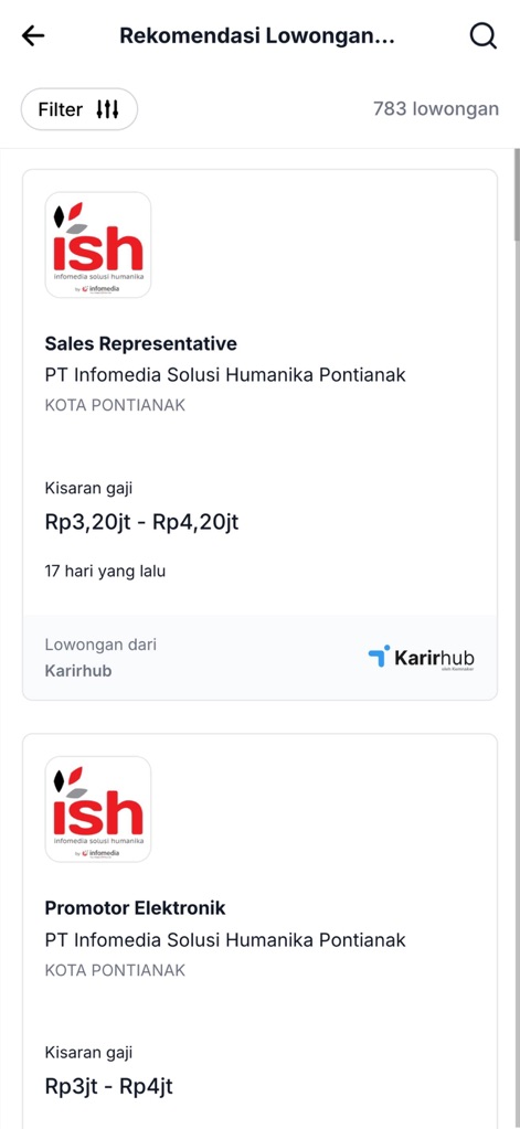 SIAPkerja Kemnaker - This detailed view of 'Rekomendasi Lowongan Pekerjaan' shows specific job titles like 'Sales Representative' and includes key information such as salary ranges and the 'Karirhub' source.