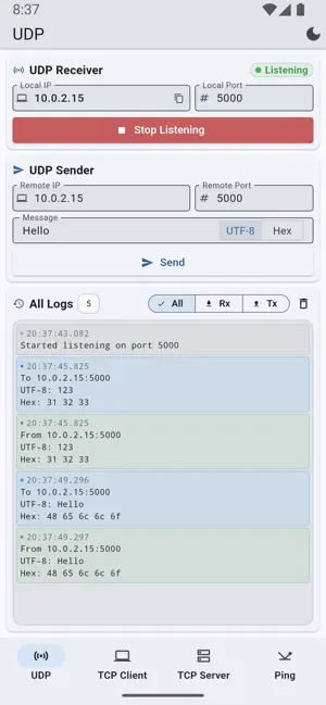 UDP TCP Sender & Receiver iPhone screenshot 1