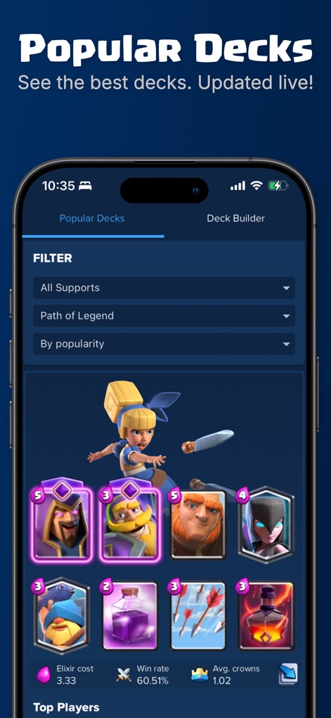 Stats Royale for Clash Royale - Los usuarios pueden explorar los mazos más efectivos usando filtros específicos como "Path of Legend" y ver métricas clave para cada uno, como el "Elixir cost" y el "Win rate".
