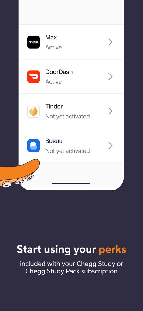 Chegg Study - Homework Help - Os assinantes podem acessar vantagens extras, como o status "Active" em aplicativos como "Max" e "DoorDash", ilustrando benefícios inclusos.