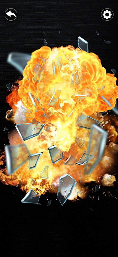 Time Bomb Sounds Screen Prank - Experience the dramatic explosive screen shatter effect, characterized by a vibrant orange explosion and dynamically flying glass shards.