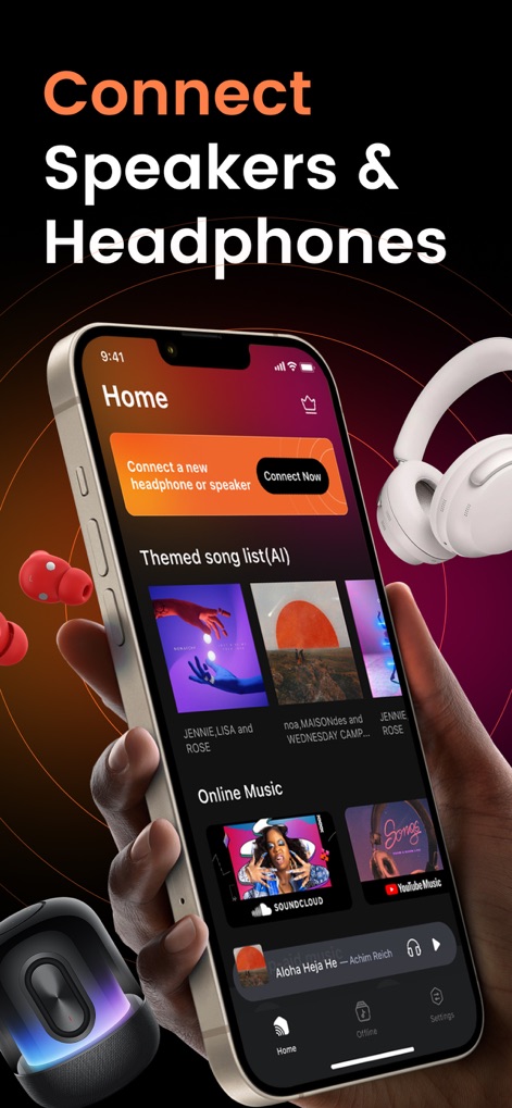 Headphones & Speaker connect + - 이 앱은 '새 헤드폰 또는 스피커 연결' 기능을 통해 블루투스 장치 연결을 간소화하며, 'AI 테마 추천곡'으로 사용자에게 맞춤형 음악 경험을 제공합니다.