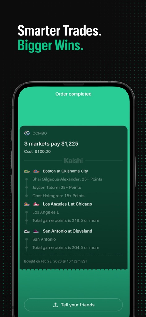 Kalshi: Trade News & Sports - La aplicación muestra una pantalla de "Order completed" para apuestas combinadas, detallando que "3 markets pay $1,225" y el desglose de las predicciones como "Shai Gilgeous-Alexander: 25+ Points" y el "Total game points is 219.5 or more" para el partido Los Angeles L at Chicago.