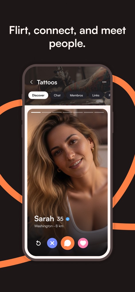 Jaumo Dating App: Flirt & Chat - This tool showcases its streamlined profile discovery, highlighting the 'Sarah, 35, Washington, 8 km' profile card and the intuitive swipe action buttons for quick interaction.