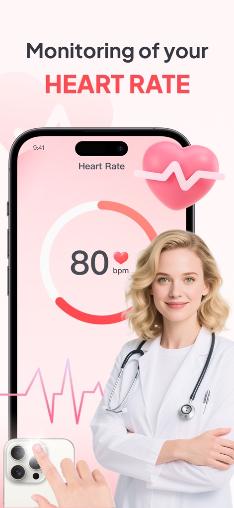 Blood Pressure- Health Monitor - The app provides real-time heart rate monitoring, showing a clear BPM display and dynamic waveform visualizations.