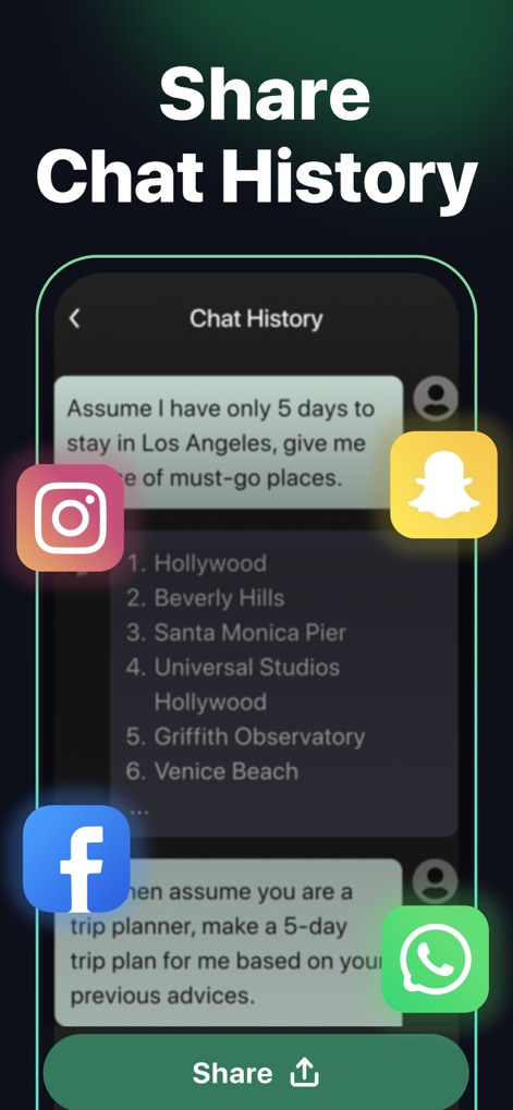 AI Chat − AI Chatbot Assistant - Users can easily disseminate conversations, with the screen explicitly showing the 'Share' button and integration icons for popular platforms like 'Instagram' and 'WhatsApp'.