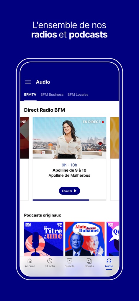 BFM : news, TV, radio en live - The app showcases its comprehensive audio library, featuring live radio broadcasts and an extensive collection of original podcasts.