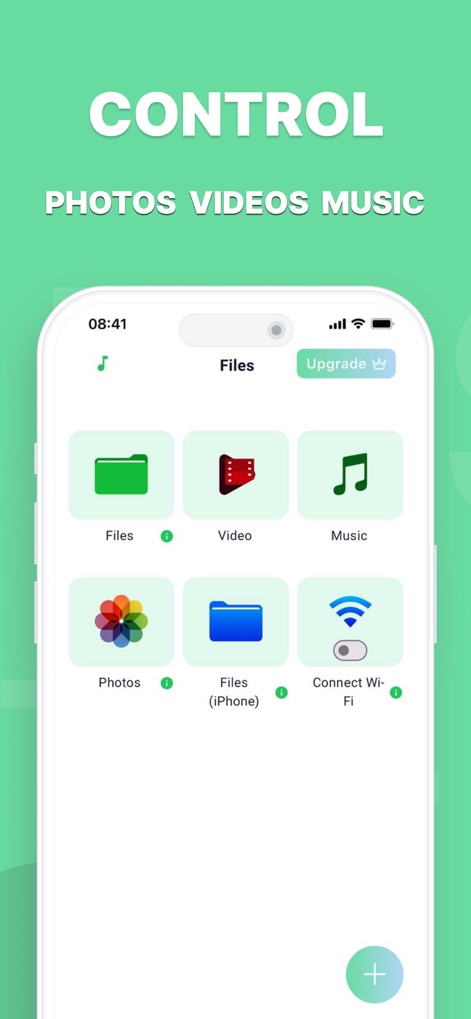 Browser & Offline File Storage - This view highlights the app's organized file access, featuring dedicated sections for Video and Music, alongside convenient Wi-Fi file transfer capabilities.