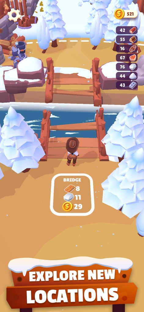 Gold Rush: Frozen Adventures - Observe the character traversing a newly constructed bridge and interacting with the building prompt to expand into new areas.