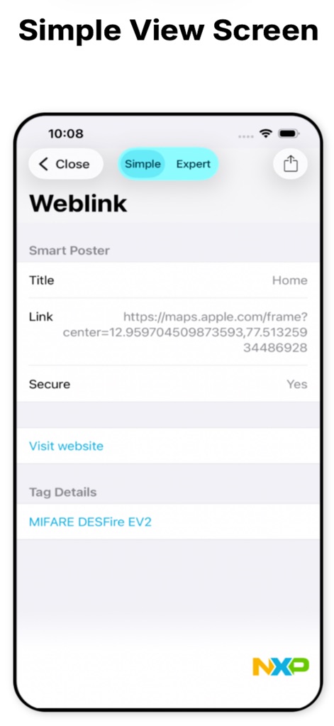 NFC TagInfo by NXP - The "Simple" view clearly presents NDEF message content, displaying "Weblink" details such as Title and Link, along with an option to "Visit website".