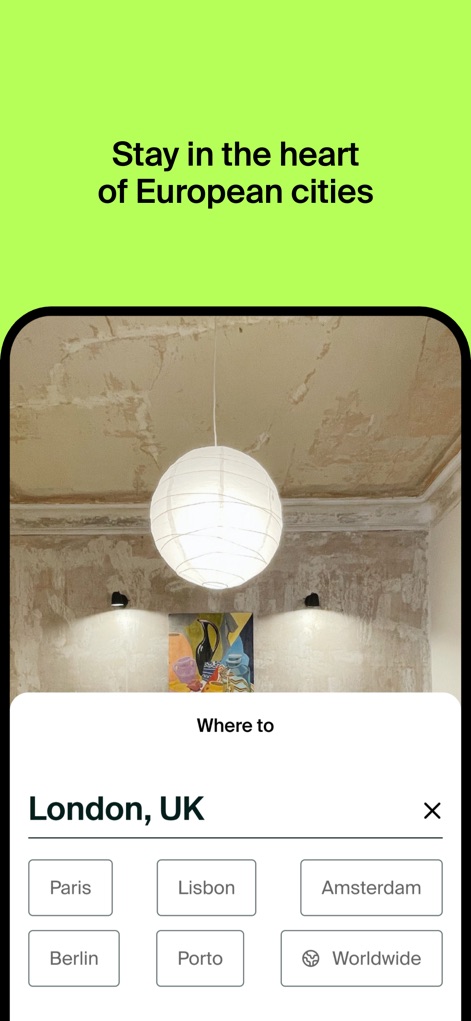 MeetCiao - Sublet Community - ユーザーは「Where to」検索バーに希望の都市を入力でき、ロンドンやパリといったヨーロッパの主要都市を簡単に選択できるインターフェースが表示されています。