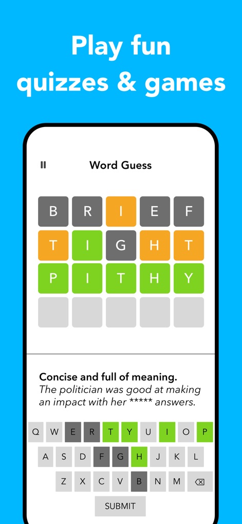 WordPal - Vocabulary Builder - The app features interactive letter tiles for word guessing and contextual sentence clues, making vocabulary acquisition enjoyable.