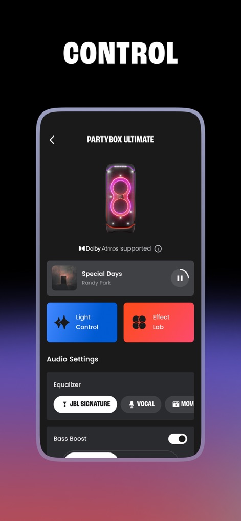 JBL One - The app empowers precise audio command with a dedicated Light Control button and specialized Equalizer presets like 'JBL Signature' for tailored sound.