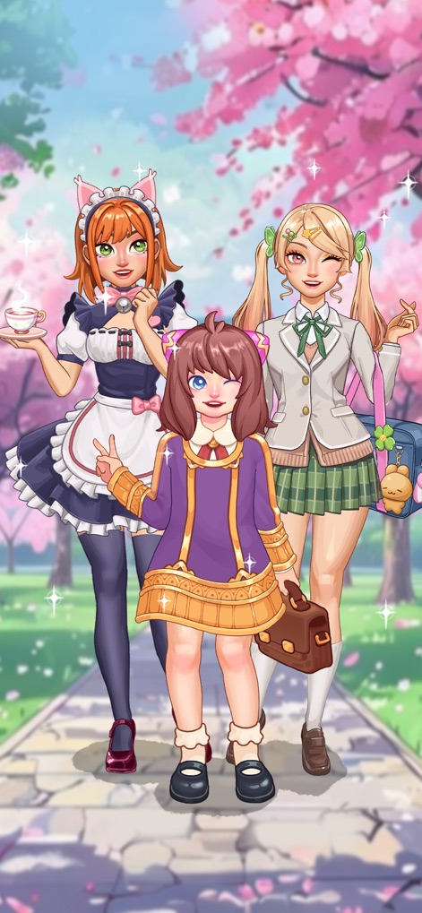 Cosplaydom - Admire a vibrant display of three distinct characters, ranging from a charming maid to an elegant schoolgirl, set against a picturesque cherry blossom background.