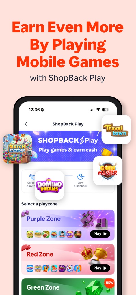 ShopBack: Cashback & Rewards - The app extends earning opportunities through 'ShopBack Play', featuring various mobile games and categorized playzones like the 'Purple Zone' and 'Red Zone'.