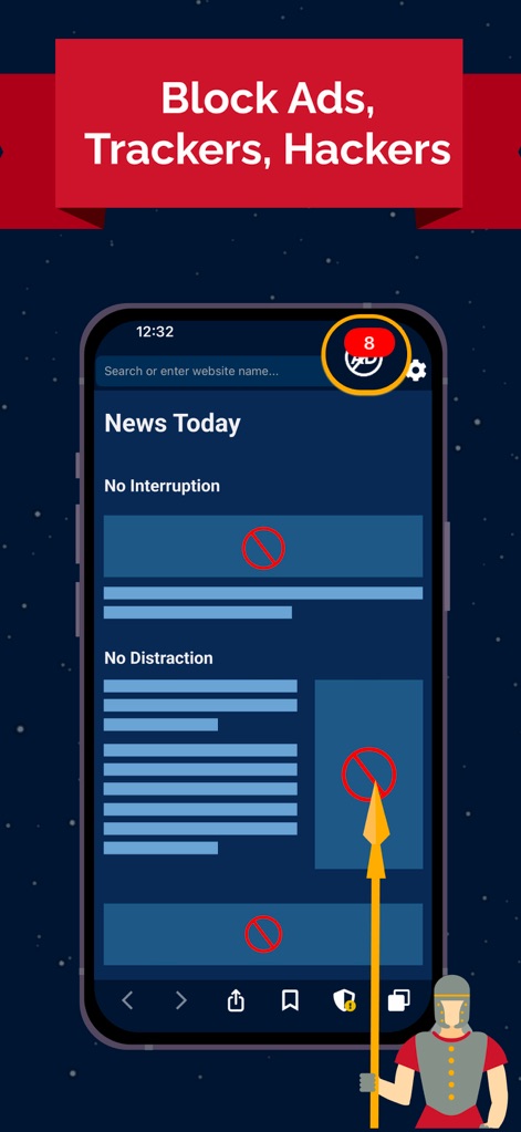 VPN UK - Free VPN and Browser - Dieser Screenshot hebt die Fähigkeit der App hervor, Anzeigen und Tracker zu blockieren, was durch die roten Kreise mit Schrägstrich und die Zählanzeige im oberen Bereich der Browseransicht visualisiert wird.