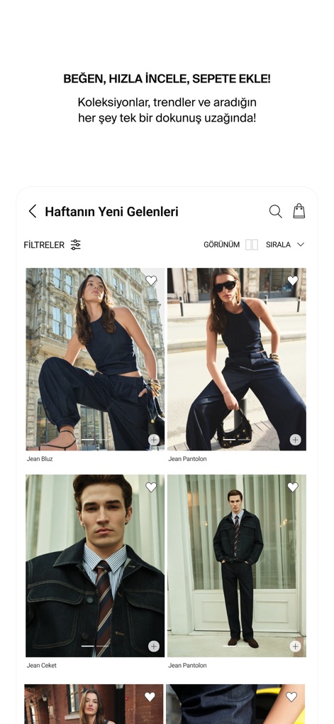 Koton:Giyim Alışveriş Sitesi - La galería de nuevos productos presenta una cuadrícula organizada de artículos, cada uno con un ícono de favoritos y otro para añadir al carrito, facilitando la exploración y la compra de las últimas colecciones.