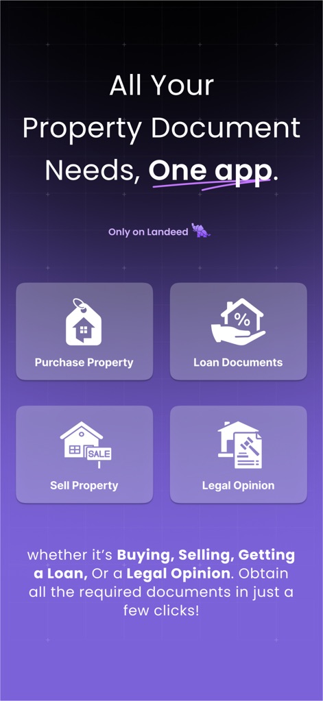 Landeed – Land Records & Bills - This tool organizes critical functions into clear categories, including 'Purchase Property' and 'Sell Property', simplifying the user journey for various real estate actions.