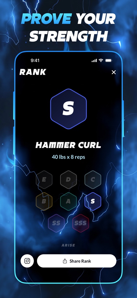 Arise: Level Up In Real Life - This screen showcases the detailed rank display for specific exercises, like "Hammer Curl," within a comprehensive tiered ranking system from E to SSS.