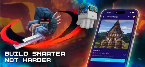 Mods, Skins for Minecraft PE - View the app's detailed content pages for structures, showcasing impressive metrics like downloads and comments, accompanied by a dynamic character wielding dual swords and an intriguing squid-like creature.
