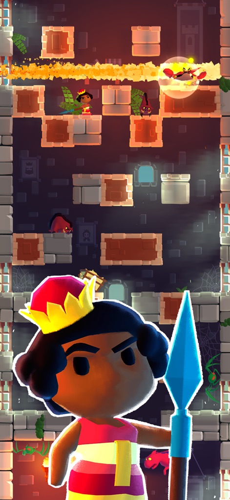 Once Upon a Tower - Explore the game's varied combat mechanics, demonstrating the princess's fierce spear-wielding against a menacing dragon and navigating fiery environmental hazards.