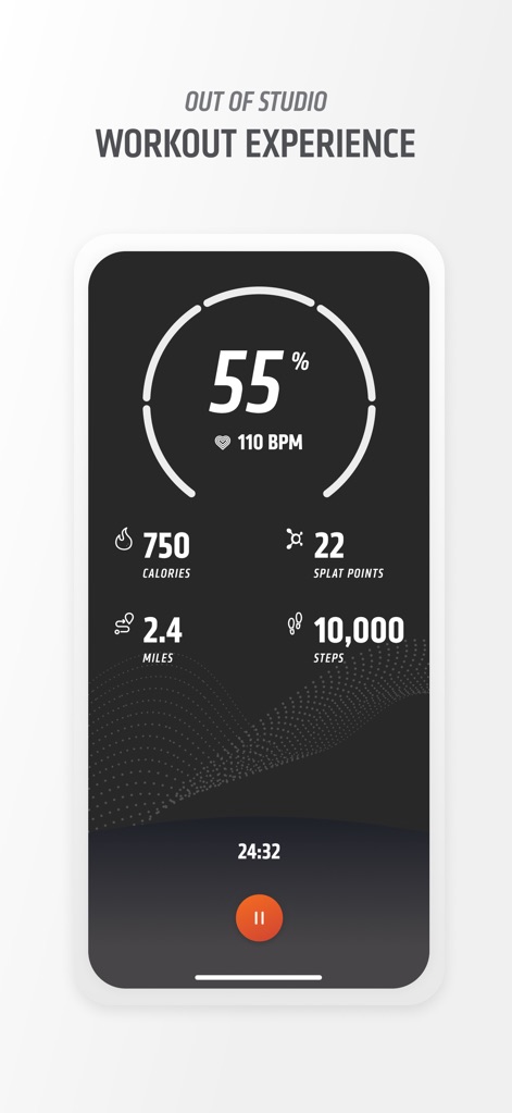 Orangetheory Fitness - Los usuarios pueden monitorear sus entrenamientos fuera del estudio con métricas en tiempo real, incluyendo el porcentaje de frecuencia cardíaca y los puntos splat obtenidos, presentados con un gran indicador circular y un contador de tiempo.