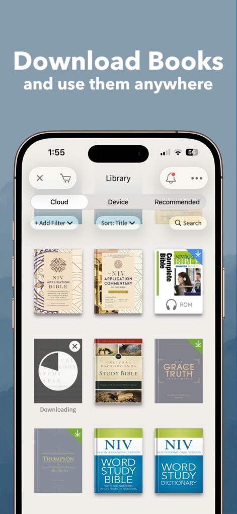 NIV Bible App + - Users can manage their extensive digital library, easily sorting resources by title and downloading them for offline access.