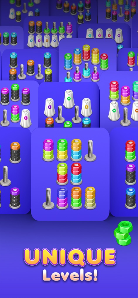 Nut Sort 3D: Color Match - 이 앱은 다양하고 독특한 레벨 디자인을 특징으로 하여, 사용자는 다채로운 너트와 볼트 배열을 통해 끝없이 즐거움을 경험할 수 있습니다. 각 레벨은 새로운 도전과 시각적인 만족감을 선사합니다.