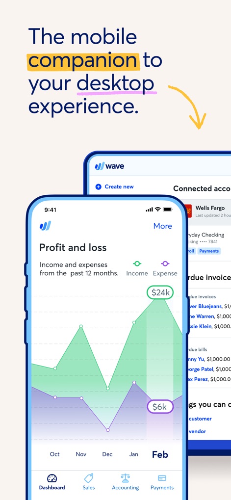 Wave: Small Business Software - Users can monitor their business's financial health through interactive profit and loss graphs, with seamless synchronization between the mobile and desktop experiences.