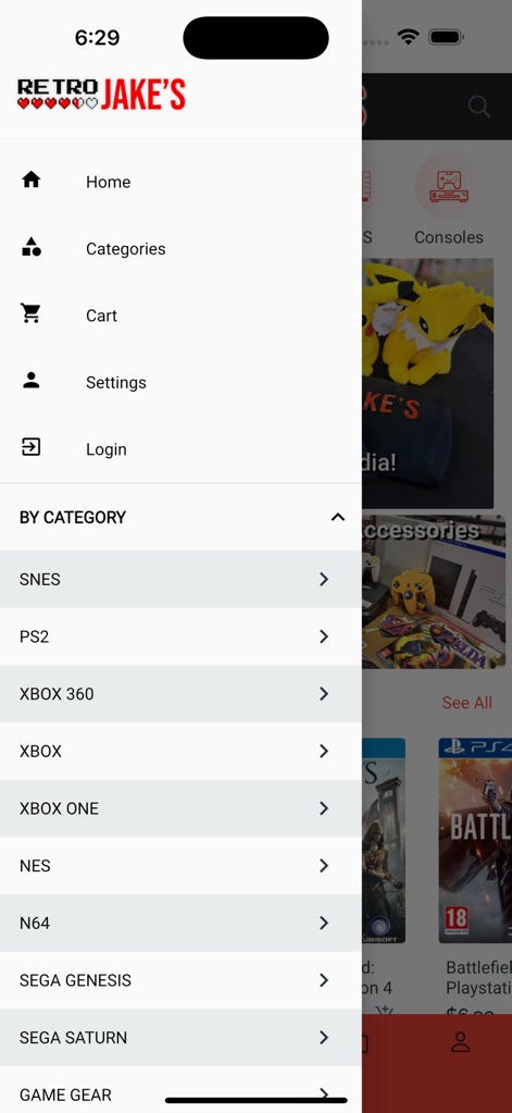 Retro Jake's Mobile - A barra lateral de navegação oferece acesso rápido a opções essenciais como "Home" e "Categorias", além de permitir a exploração de coleções por consoles específicos como "SNES" e "XBOX 360".