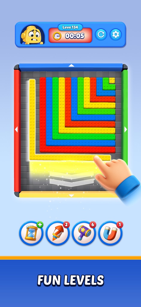 Color Block: Jam Puzzle 3D - L'application permet de manipuler les blocs avec une main illustrative et de créer des motifs organisés à partir de lignes de couleurs éclatantes.
