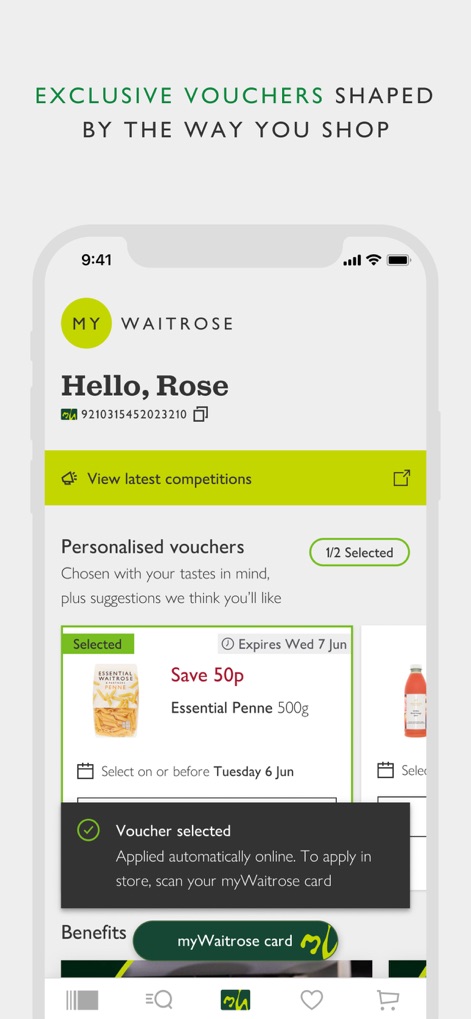 Waitrose & Partners - A seção "My Waitrose" apresenta vouchers personalizados, adaptados aos hábitos de compra do usuário, e integra a funcionalidade do cartão myWaitrose para aplicação de descontos.